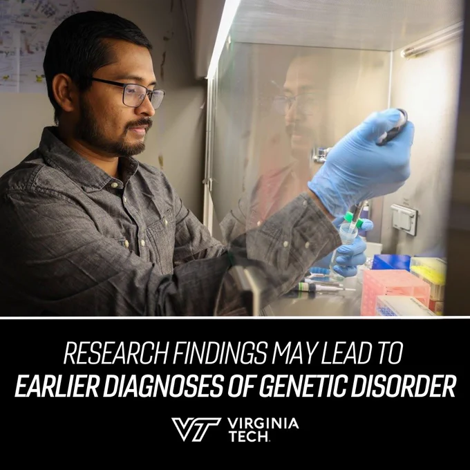 Sahitya Biswas, a graduate student in Virginia Tech's Translational Biology, Medicine, and Health Graduate Program, was the lead author for a study published in EMBO Molecular Medicine. Text reads "Research findings may lead to earlier diagnoses of genetic disorder."