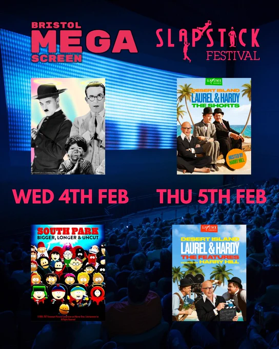 Bristol Megascreen events’ posters on a background of Bristol Megascreen. Bristol Megascreen and Slapstick Festival logo, plus dates of the events.
