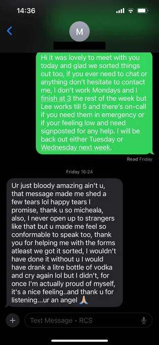 A picture of the text message between Michaela and the resident.