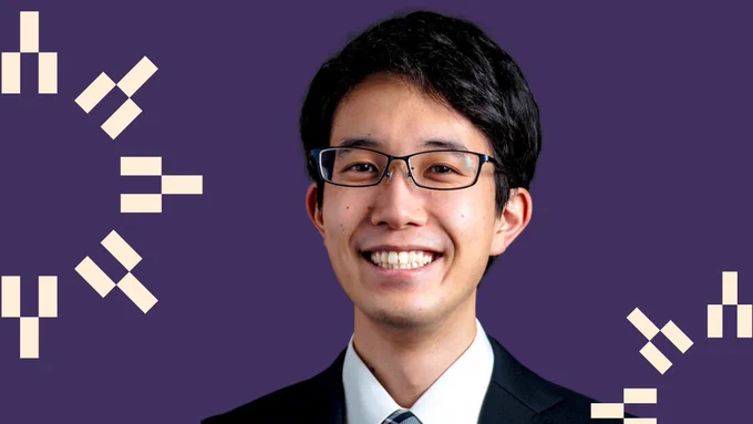 headshot of Motohiko Adomi with graphic background.