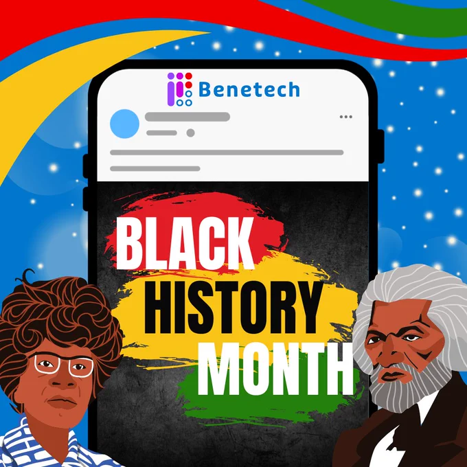 Illustrated Black History Month graphic featuring Shirley Chisholm on the left and Frederick Douglass on the right, framing a smartphone screen with the words “Black History Month” in bold red, yellow, green, and black paint strokes. The Benetech logo appears at the top of the phone, symbolizing education, accessibility, and digital learning.