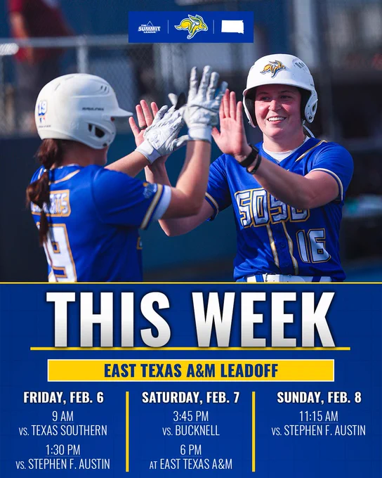 A graphic listing SDSU softball's upcoming schedule this week along with a picture of two softball players, in blue uniforms, high fiving