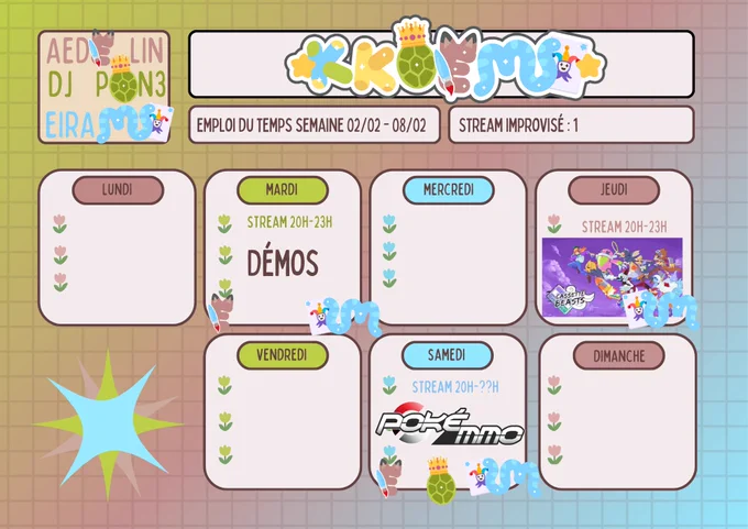 Mardi, Démos, 20h-23h
Jeudi, Cassette Beasts, 20h-23h
Samedi, PokeMMO, 20h-??h