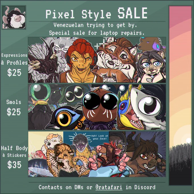 Special SALE of pixel art profiles, emojis, stickers, icons, etc!. Contact me on DM's if interested!.

Been struggling a bit and my laptop has issues with ram. Lost one stick and one channel. I'm still in debt from dentist bills.