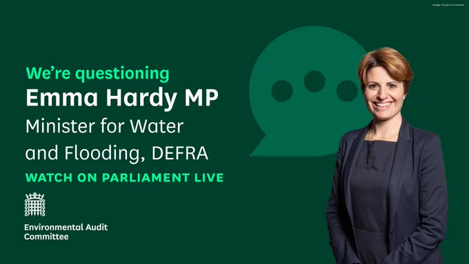 We're questioning Emma Hardy MP, Minister for Water and Flooding, Department for Environment, Food and Rural Affairs Committee.
Photo on the right hand side is of Emma Hardy MP, she has reddish short hair and is smiling, she is wearing a dark navy dress and matching jacket.
