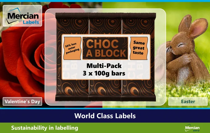 Promotional image showing 3 chocolate bars held together with a label which states ‘CHOC A BLOCK Multi-Pack, 3 x 100g bars – 50% less outer packaging – Same great taste’. Behind this on the left hand side is a red rose, with the text ‘Valentine’s Day’ in white at the base, and on the right hand side are two ceramic bunnies hugging each other, with the text ‘Easter’ in dark green at the base. The Mercian Labels logo appears at the top left with the text ‘World Class Labels’ in white centred beneath the whole image and the text ‘Sustainability in labelling’ beneath that on a mid-green background.