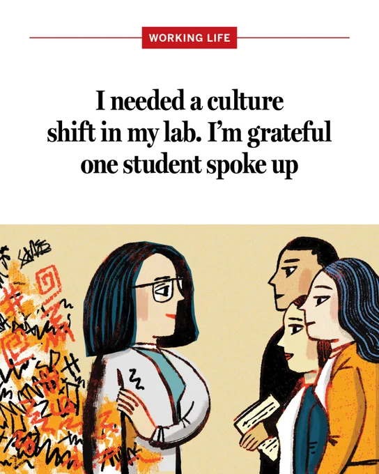 An illustration of a woman talking to other people with a cloud of bright colored symbols behind her. The headline is: I needed a culture shift in my lab. I’m grateful one student spoke up