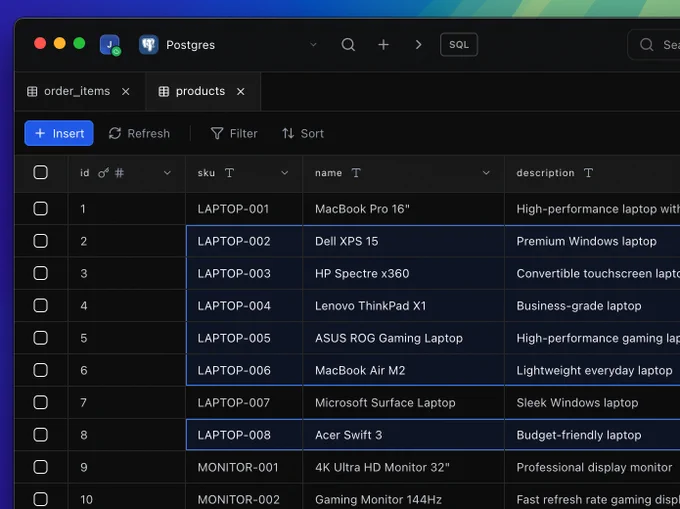 Dark-themed database table showing product rows with IDs, SKUs (LAPTOP-001 etc.), product names (MacBook Pro, Dell XPS, etc.) and short descriptions.