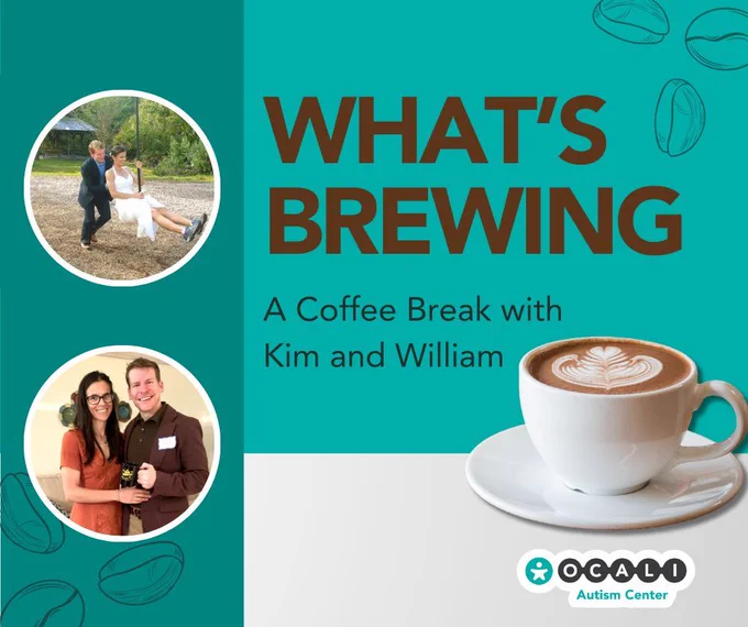 Image of a coffee mug along with several photos of a happy couple. Text reads: “What’s Brewing? A coffee break with Kim and William.” 
