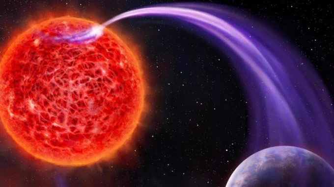  Artistic illustration of the magnetic interaction between a red dwarf star such as GJ 687, and its exoplanet. Credit: Danielle Futselaar/Artsource.nl 