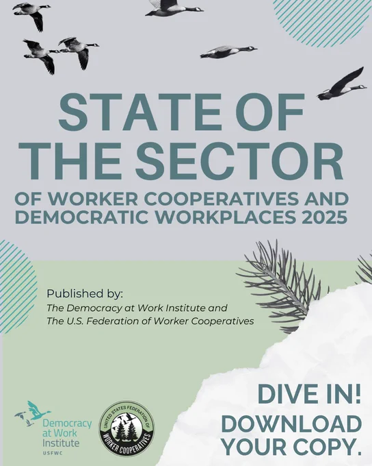 An image of geese flying overhead and pine needles and text that reads state of the sector of worker cooperatives and democratic workplaces 2025, published by the united states federation of worker cooperatives and the democracy at work institute. Download your copy!