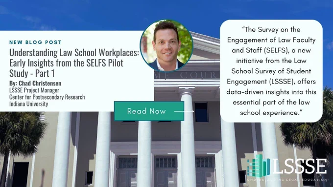 A promotional graphic for a blog post titled “Understanding Law School Workplaces: Early Insights from the SELFS Pilot Study – Part 1.” The left side features the title, author information, and a green “Read Now” button. The background shows the front of a courthouse-style building with tall white columns against a blue sky. On the right side, a quote describes the SELFS initiative from the Law School Survey of Student Engagement, and the LSSSE logo appears at the bottom.