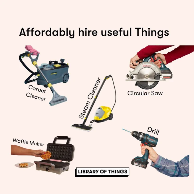 Affordably hire useful things 
Carpet cleaner, circular saw, steam cleaner, waffle maker, drill 