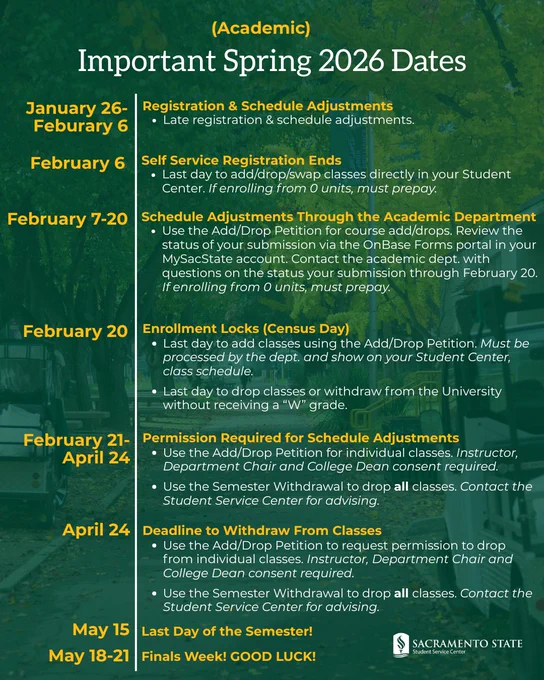 Graphic titled “Important Spring 2026 Dates (Academic)” listing key Sacramento State academic deadlines, including registration and schedule adjustments (Jan 26–Feb 6), self-service registration ending Feb 6, department add/drop period Feb 7–20, census day and enrollment lock on Feb 20, permission-required adjustments Feb 21–Apr 24, withdrawal deadline Apr 24, last day of semester May 15, and finals week May 18–21.