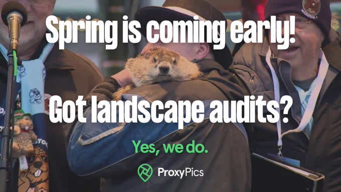 Groundhog Day event featuring Woodstock Willie predicting an early spring in the Midwest, used to highlight ProxyPics landscaping and exterior site audits for facilities management, including on site inspections, landscaping condition checks, aerial views, and property documentation.
