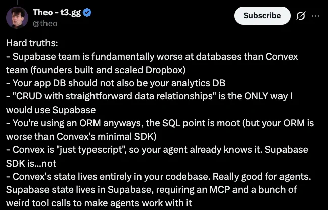Hard truths:
- Supabase team is fundamentally worse at databases than Convex team (founders built and scaled Dropbox)
- Your app DB should not also be your analytics DB
- "CRUD with straightforward data relationships" is the ONLY way I would use Supabase
- You're using an ORM anyways, the SQL point is moot (but your ORM is worse than Convex's minimal SDK)
- Convex is "just typescript", so your agent already knows it. Supabase SDK is...not
- Convex's state lives entirely in your codebase. Really good for agents. Supabase state lives in Supabase, requiring an MCP and a bunch of weird tool calls to make agents work with it