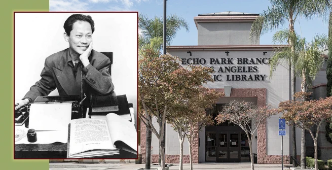 Portrait of author Carlos Bulosan pictured with Los Angeles Public Library's Echo Park branch library.