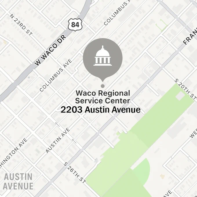 Map view of the Texas Department of Motor Vehicles Waco Regional Service Center.