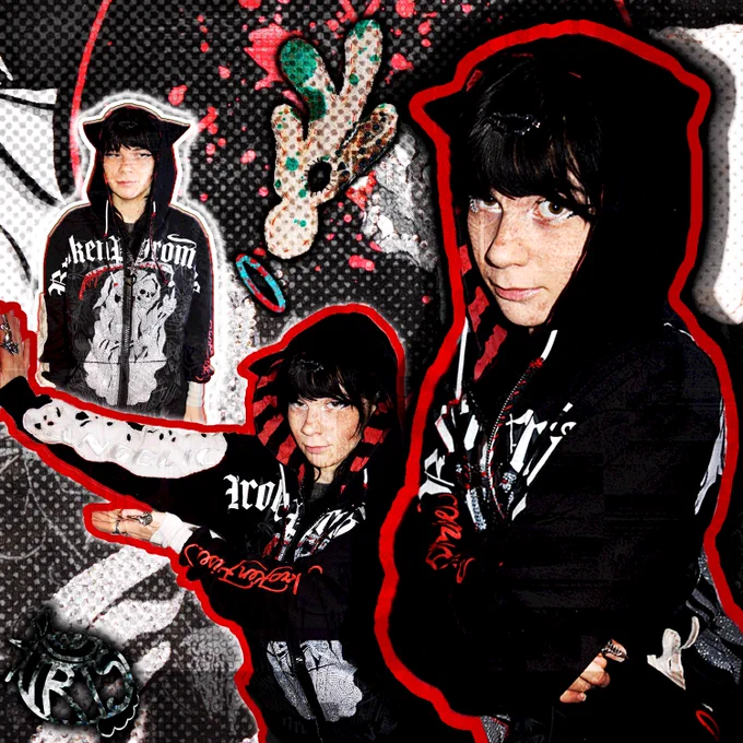 a heavily edited promotional image of Iris wearing a black, red and white edgy hoodie. Amongst the chaotic editing there are three Irises, one posing with arms crossed, the other with an arm extended showcasing the sleeves, and the final one resting atop the sleeve looking to the first Iris unimpressed.