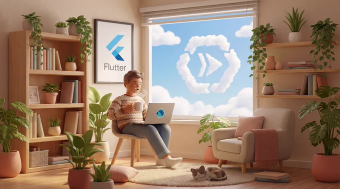 A cheerful, cartoon-style person with short brown hair and a smiling expression sits on a light chair, wearing a patterned sweater and light blue pants, working on a silver laptop with a blue Dart logo sticker, while holding a white mug. The cozy room features a wooden bookshelf filled with books and various potted plants, a light beige armchair with a pink pillow and blanket, and a small brown and white cat sleeping on a shaggy rug. On the wall, a framed poster displays the blue Flutter logo with \"Flutter\" text below it; outside a large window, white clouds form the Dart logo in a bright blue sky.