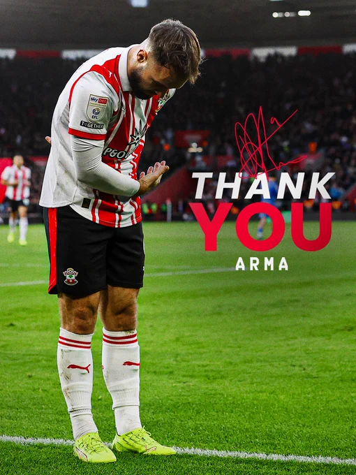 An image of Adam Armstrong bowing in celebration following a goal for Southampton during the 2025/26 season, wearing the red and white striped home shirt with black shorts and white socks. To the right of the image is text which reads: Thank you, Arma. Above that is a red outline of his signature.