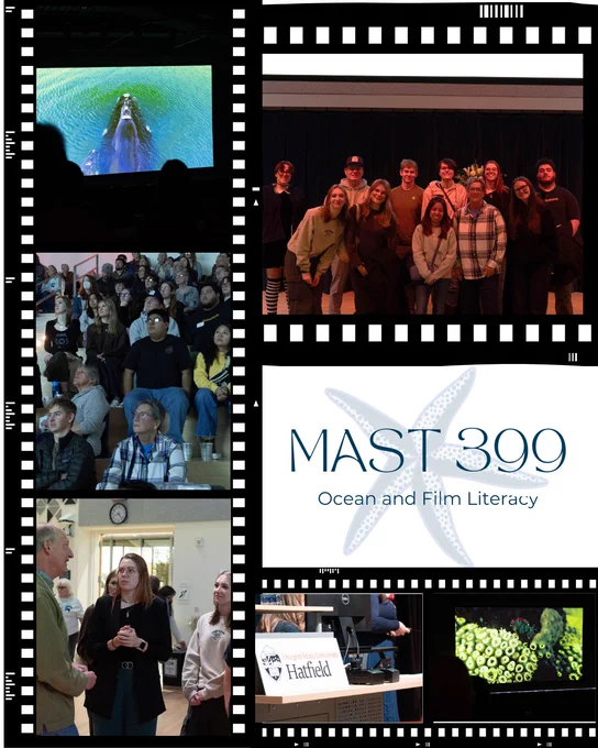 Collage of film frames highlighting the  MAST 399: Ocean and Film Literacy course. Images include an underwater ocean scene projected on a screen, a large audience watching a presentation, students talking with community members, a group photo of students and instructors on a stage, a podium labeled ‘Oregon State University Hatfield,’ and close-up ocean imagery. The MAST 399 Ocean and Film Literacy logo text in the center.
