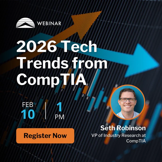 Webinar announcement for "2026 Tech Trends from CompTIA," featuring Seth Robinson, VP of Industry Research at CompTIA. The event is scheduled for February 10th at 1 PM. Background includes upward-pointing arrows and bar graphs. A "Register Now" button is visible.