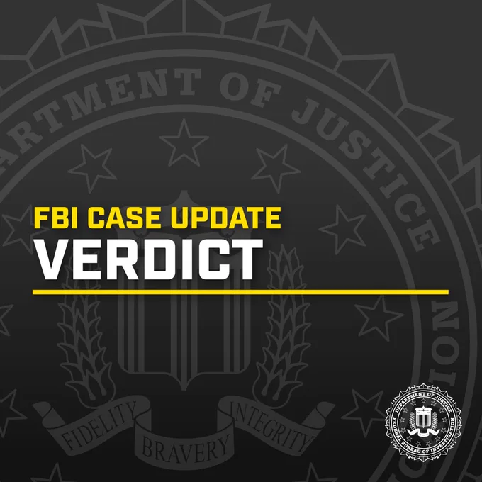 FBI case update announcement highlighting the verdict with Department of Justice seal in the background.