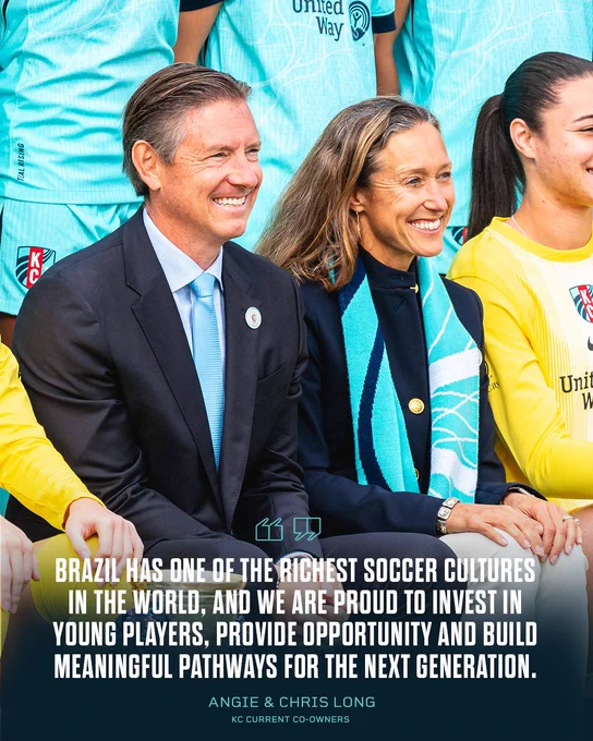Photo of Chris and Angie Long with a quote that says "Brazil has one of the richest soccer cultures in the world, and we are proud to invest in young players, provide opportunity and build meaningful pathways for the next generation. 