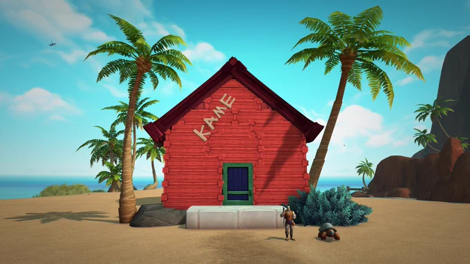 There is a red wooden house with a brown roof on the beach, with a green front door and the word \u201CKAME\u201D written on the front of the house, towards the roof. There are palm trees on the side of the house, alongside a male Human with a turtle pet in front of the house. 