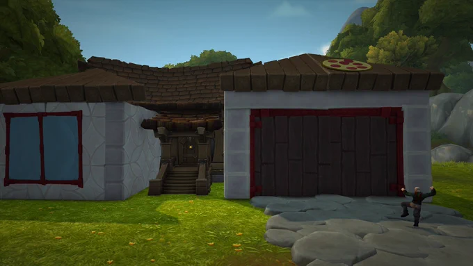 The image focuses on a face-on angle of a suburban-style house. It appears to be made of stone and wood. On the roof, there is a pepperoni pizza. In the bottom right, there is a bald Human character; he appears to be mid-stomp. Science.
