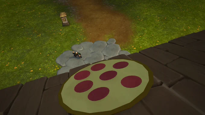 The image focuses on a suburban-style house in World of Warcraft, as pictured from above. On the roof, there is a pepperoni pizza. On the ground, there is a bald Human character\u2013who definitely looks like he knocks\u2013with a pained expression.