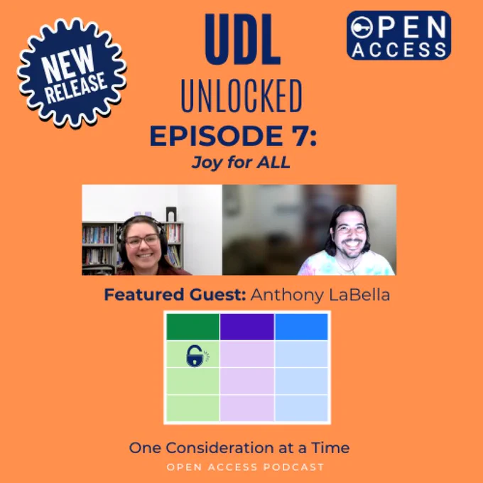 A promo for UDL Unlocked Episode 7: “Joy for ALL,” featuring guest Anthony LaBella. Includes two smiling people on a video call, podcast branding, and an icon for “One Consideration at a Time.”.