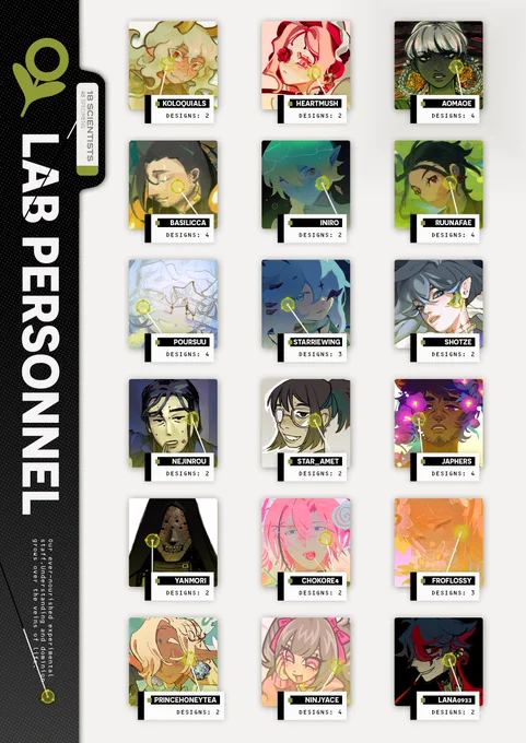 LAB PERSONNEL
18 SCIENTISTS, 48 SPECIMENS

Our ever-nourished experimental staff. Understanding, and dominion grows over the veins of life

KOLOQUIALS / 2
HEARTMUSH / 2
AOMAOE / 4
BASILICCA / 4
INIRO / 2
RUUNAFAE / 4
POURSUU / 4
STARRIEWING / 3
SHOTZE / 2
NEJINROU / 2
STAR_AMET / 2
JAPHERS / 4
YANMORI / 2
CHOKORE4 / 2
FROFLOSSY /3
PRINCEHONEYTEA / 2
NINJYACE / 4
LANA0933 / 2