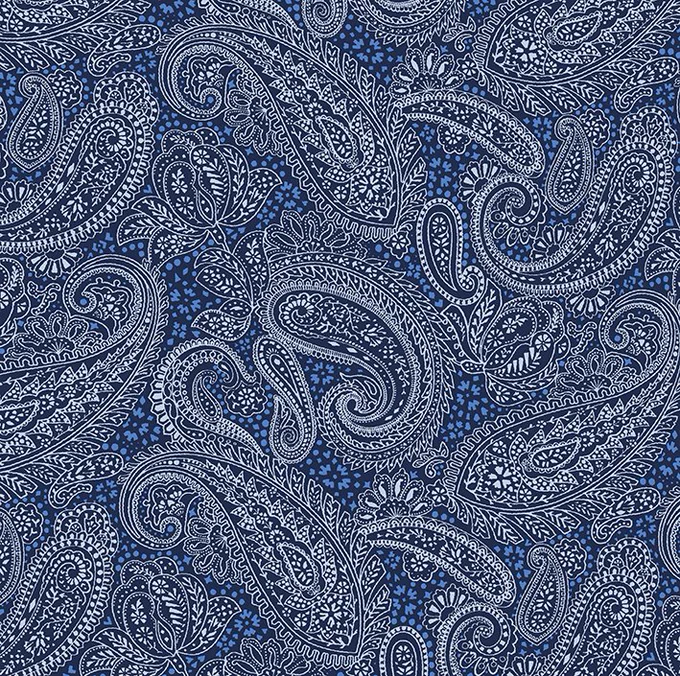 Patrick Moriarty, a paisley pattern specialist from the UK, created the Paisley Positivity design (the small-scale indigo-blue version).