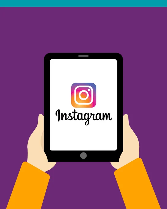 Illustration of person holding a tablet showing the Instagram logo.