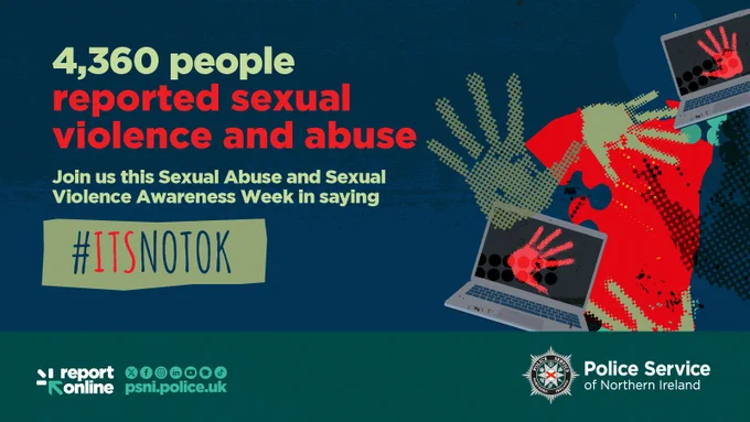 Image of hand prints in different colours along with two laptop images with a red hand print on the screen, Text says, 4360 people reported sexual violence and abuse. Join us this sexual Abuse and Sexual Violence Awareness Week in saying #ITSNOTOK