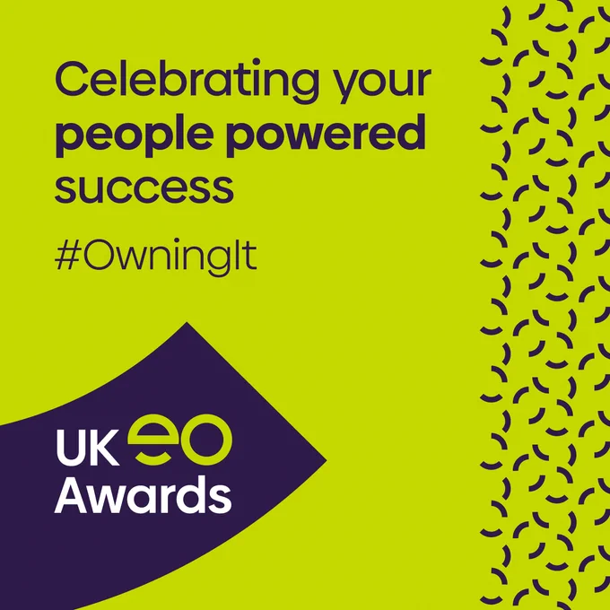 A green square graphic with purple confetti running down the right hand side and the logo for the UK Employee Ownership Awards in the bottom left corner. The text reads: 'Celebrating your people powered success #OwningIt'