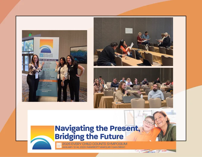 Collage from the Every Child Counts Symposium showing attendees networking and participating in breakout sessions in a conference room. Three women pose smiling near an event sign, small groups review materials at tables, and a larger group listens during a discussion. A banner reads “Navigating the Present, Bridging the Future – 2026 Every Child Counts Symposium, San Diego.”