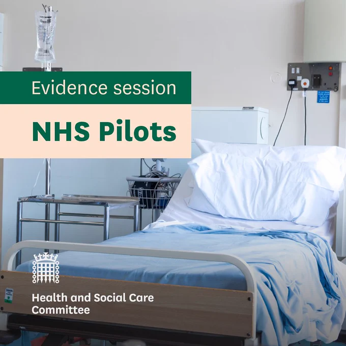 An image of an empty hospital bed with text that reads 'Evidence session. NHS Pilots.'