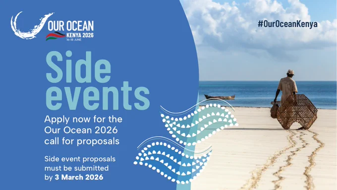 A person walks along a beach carrying large baskets. The image includes text promoting the Our Ocean 2026 conference and a call for side event proposals, with a submission deadline of March 3, 2026. The hashtag #OurOceanKenya is displayed.