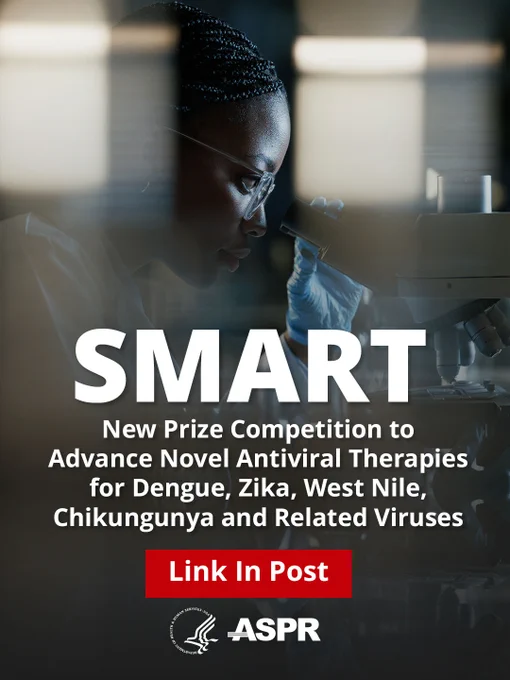 A person in a lab coat looks through a microscope. The text reads: "SMART - New Prize Competition to Advance Novel Antiviral Therapies for Dengue, Zika, West Nile, Chikungunya, and Related Viruses." A red button below says, "Link In Post." ASPR logo is at the bottom.