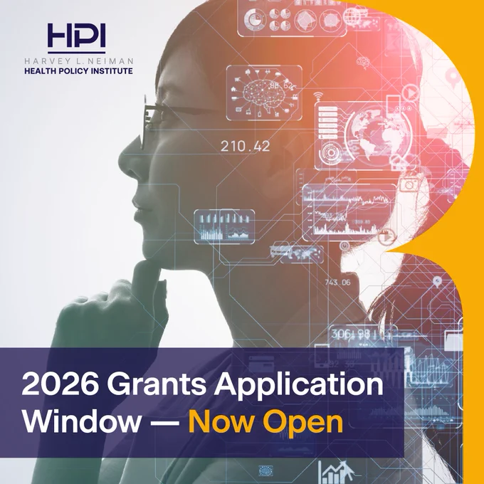 Woman with dark hair and glasses with hand resting on chin while deep in thought. Harvey L. Neiman Health Policy Institute logo in violet and gray with headline "2026 Grants Application Window -- Now Open"