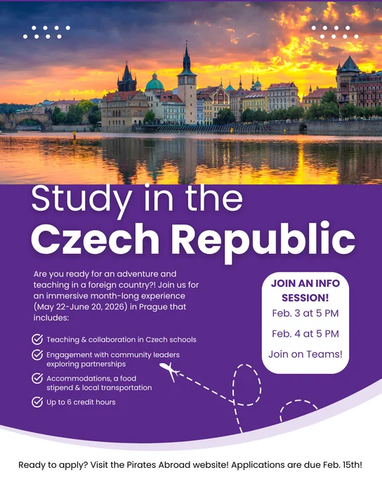 This image is a promotional poster for a study opportunity in the Czech Republic, featuring a scenic view of Prague with historic buildings and a river. The poster invites applications for a month-long immersive program from May 22 to June 20, 2026. It offers experiences in teaching, accommodation, a food stipend, and local transportation. Information sessions are scheduled for February 3 and 4, available on Teams. The application deadline is February 15th.