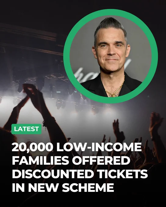 A crowd at a concert raises their hands. An inset image shows Robbie Williams. Text reads: "Latest - 20,000 low-income families offered discounted tickets in new scheme."