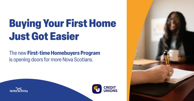 Graphic showing a portion of two people in a meeting and the words: Buying Your First Home Just Got Easier - The new First-time Homebuyers Program is opening doors for more Nova Scotians.