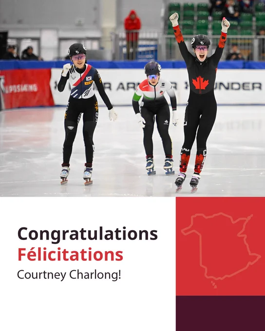 Three female speed skaters finish a race on an indoor ice rink; one in a black suit with red maple leaf raises her arms in victory. Text below reads, "Congratulations Félicitations Courtney Charlong!.
--
Trois patineuses de vitesse terminent une course sur une patinoire intérieure ; l'une d'elles, vêtue d'une combinaison noire avec une feuille d'érable rouge, lève les bras en signe de victoire. Le texte ci-dessous indique : "Félicitations Courtney Charlong !.