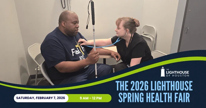 Healthcare worker measures blood pressure of a seated man using a stethoscope and cuff in a clinical room. The 2026 Lighthouse Spring Health Fair; Saturday, February 7, 2026, 9-12 pm.