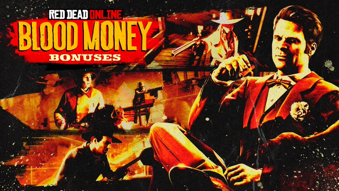 Red Dead Online Blood Money Bonuses poster with Guido Martelli smoking a cigar surrounded by montages of Red Dead Online characters in combat scenes. 