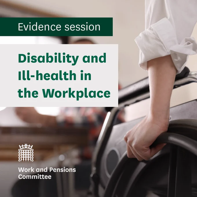 An image of a woman in a wheelchair with her colleague at the workplace with text that reads 'Disability and Ill-health in the Workplace.'